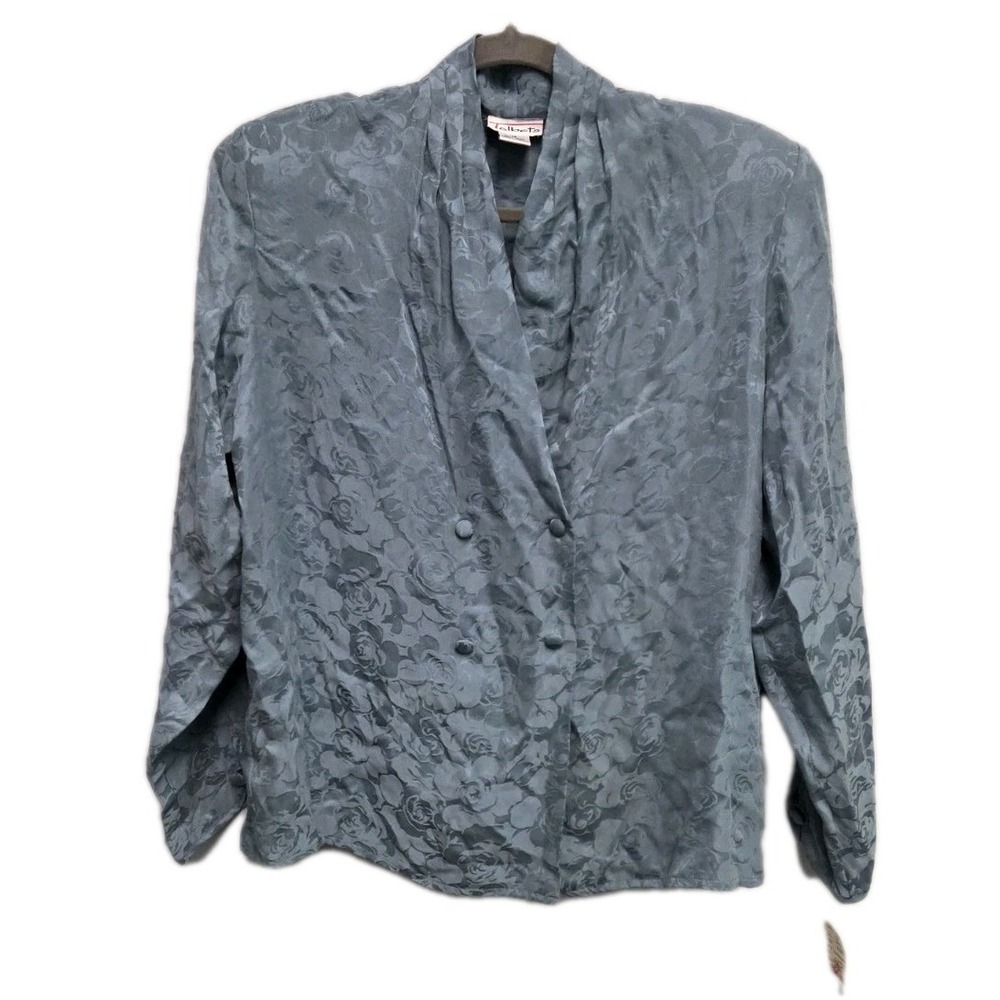 Talbots VTG 100% Silk Blouse Sz 12  Blue LS Jacquard Double Breasted‎ NWT